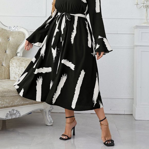 Melo Apparel Plus Size Printed Tie Belt Flare Sleeve Round Neck Midi Dress - Picture 4 of 7